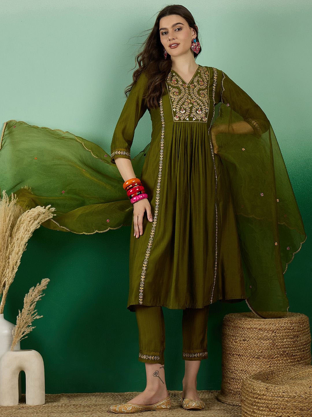 

Sangria Green Yoke Design Thread Work Pleated A-line Kurta With Trouser & Dupatta