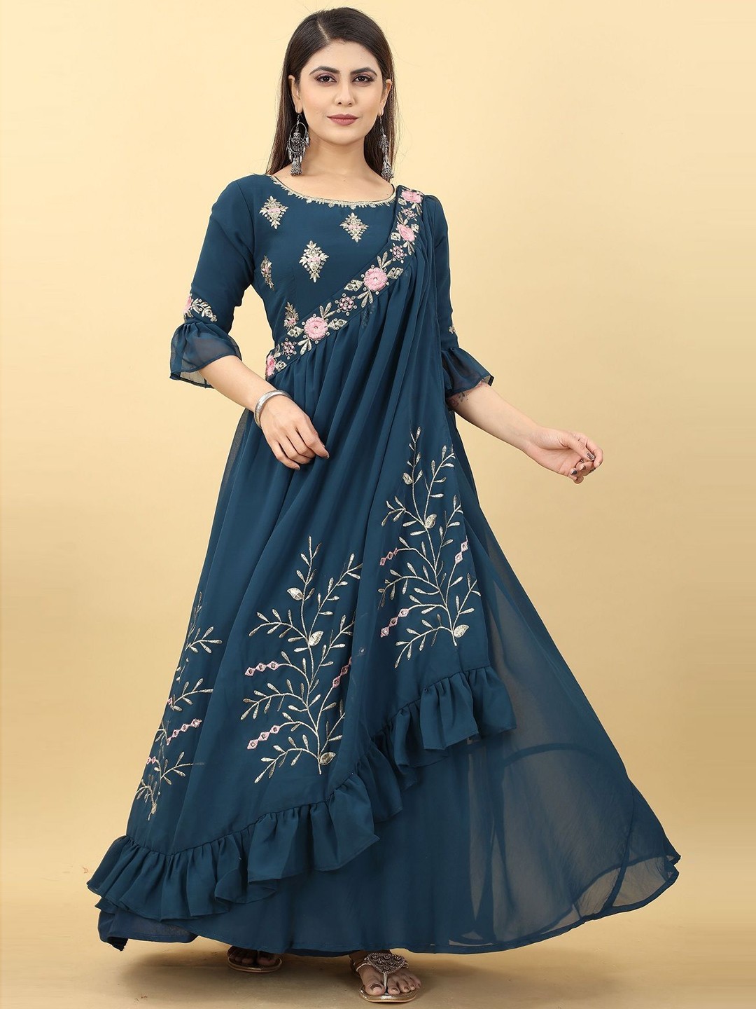 

Fashion Basket Embroidered Gown Maxi Ethnic Dresses With Dupatta, Blue