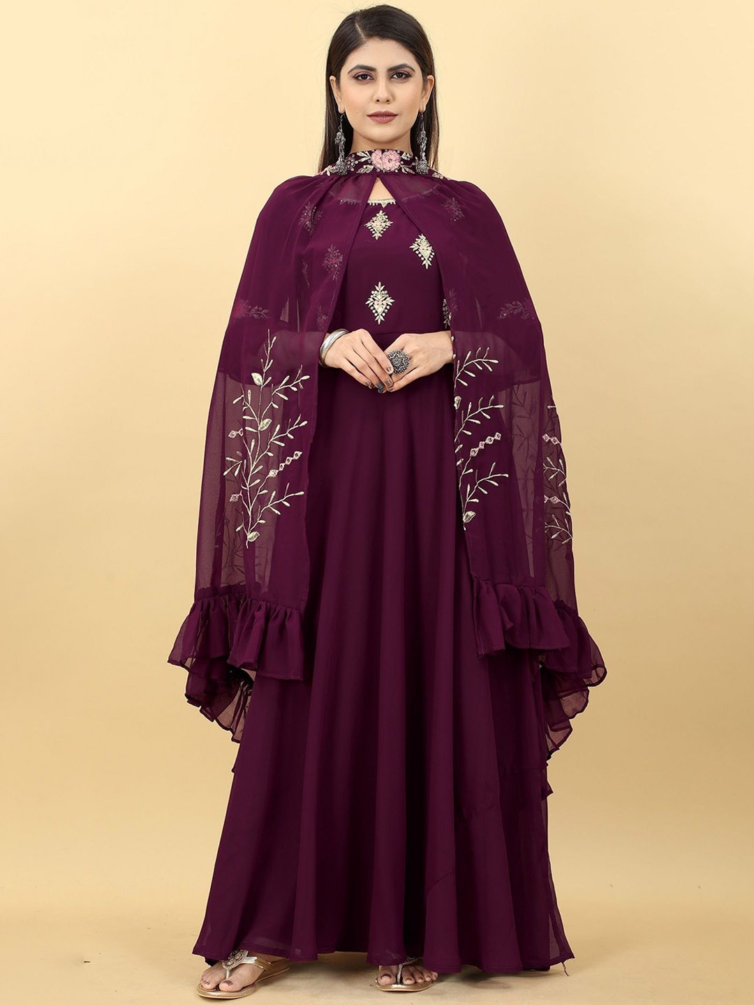 

Fashion Basket Embroidered Gown Maxi Ethnic Dress With Dupatta, Maroon