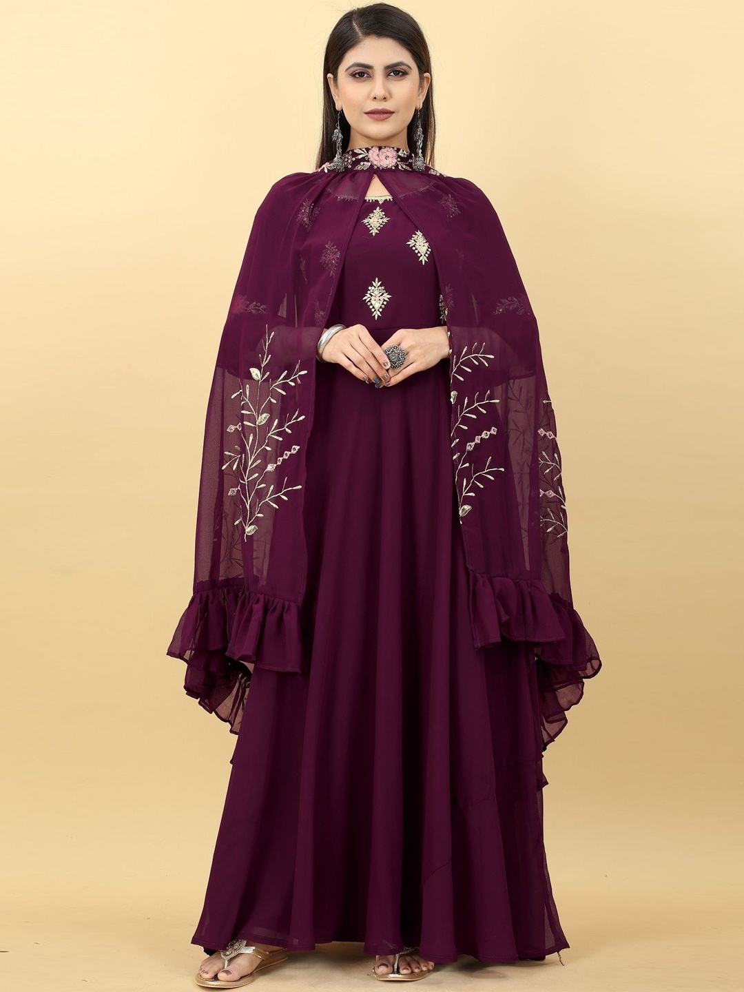 

Fashion Basket Embroidered Gown & Dupatta Set, Maroon