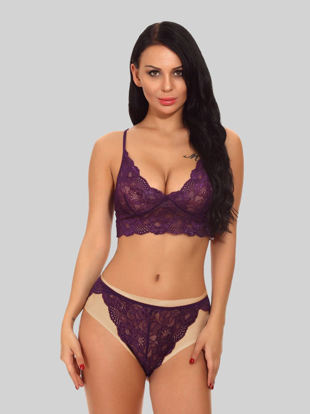 

KRENOZ Self Design Lingerie Set, Purple