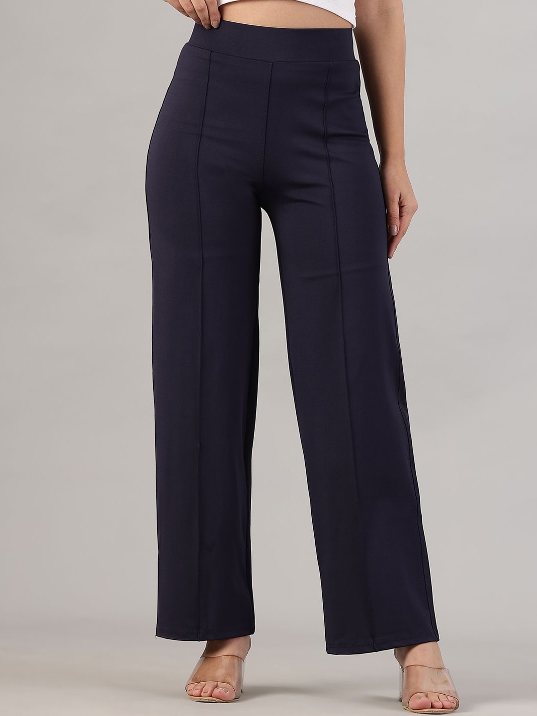 

BAESD Women Straight Fit High-Rise Easy Wash Trousers, Navy blue