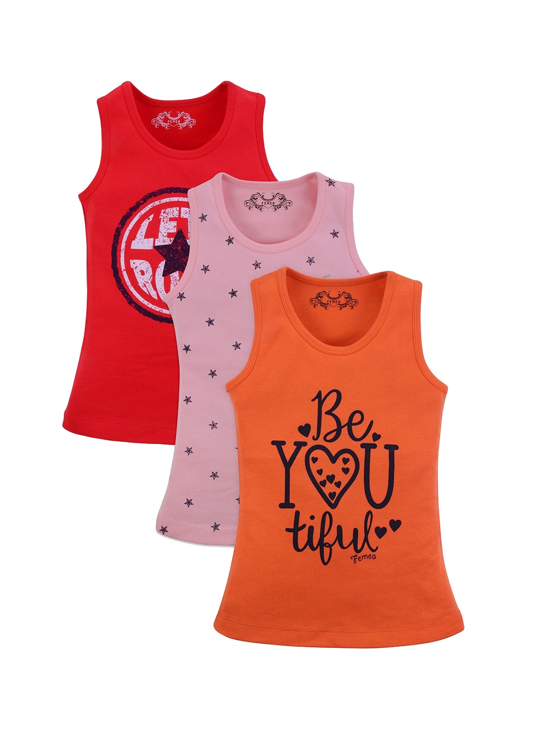 

FEMEA Girls Pack Of 3 Printed Cotton Innerwear Vests, Red