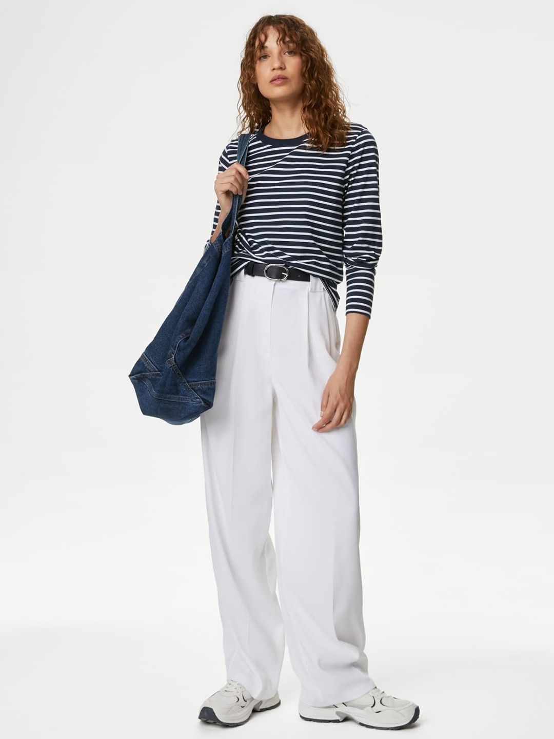 

Marks & Spencer Women Striped High Neck Extended Sleeves Pockets T-shirt, Navy blue