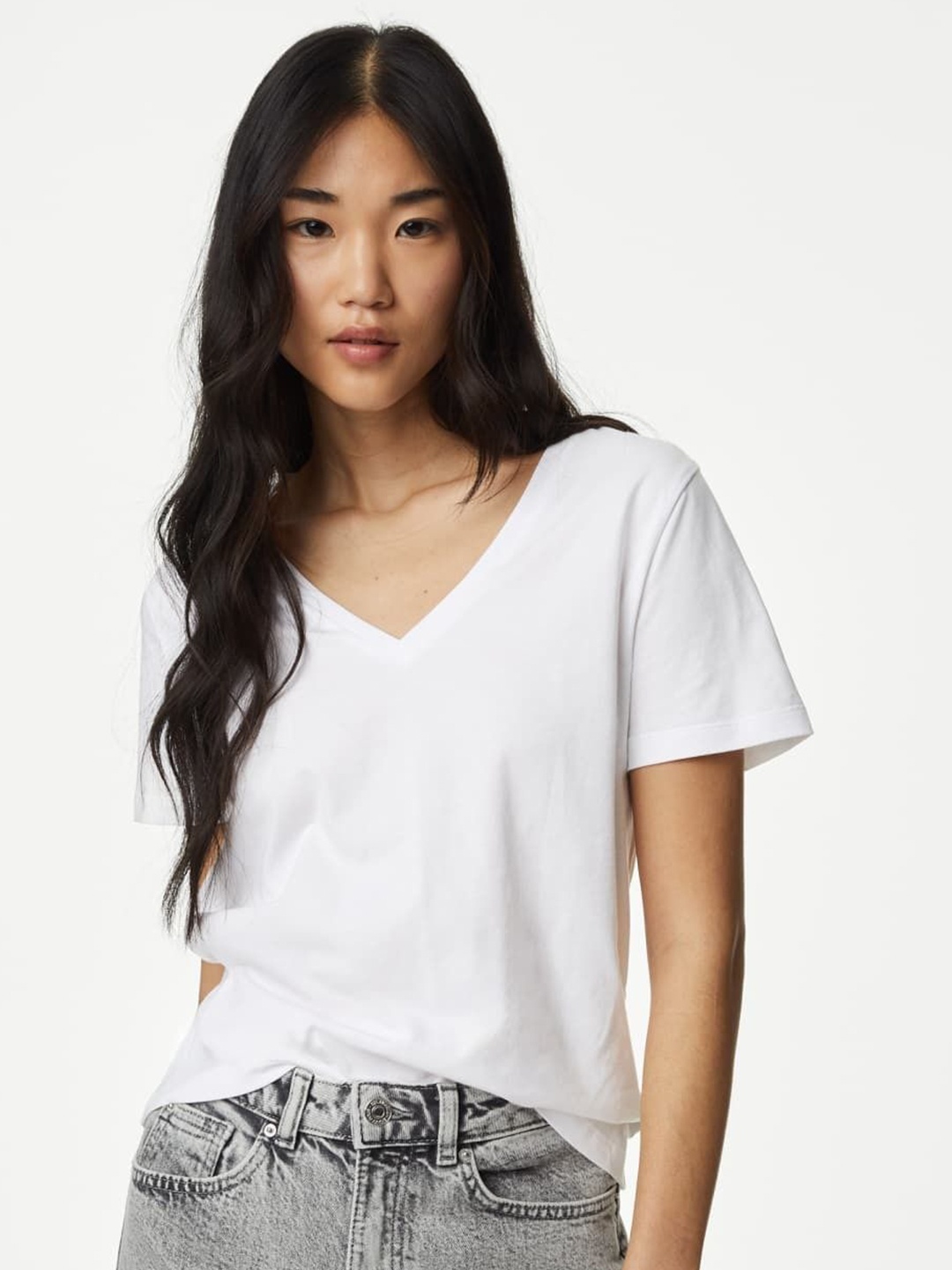 

Marks & Spencer Women V-Neck Drop-Shoulder Sleeves T-shirt, White