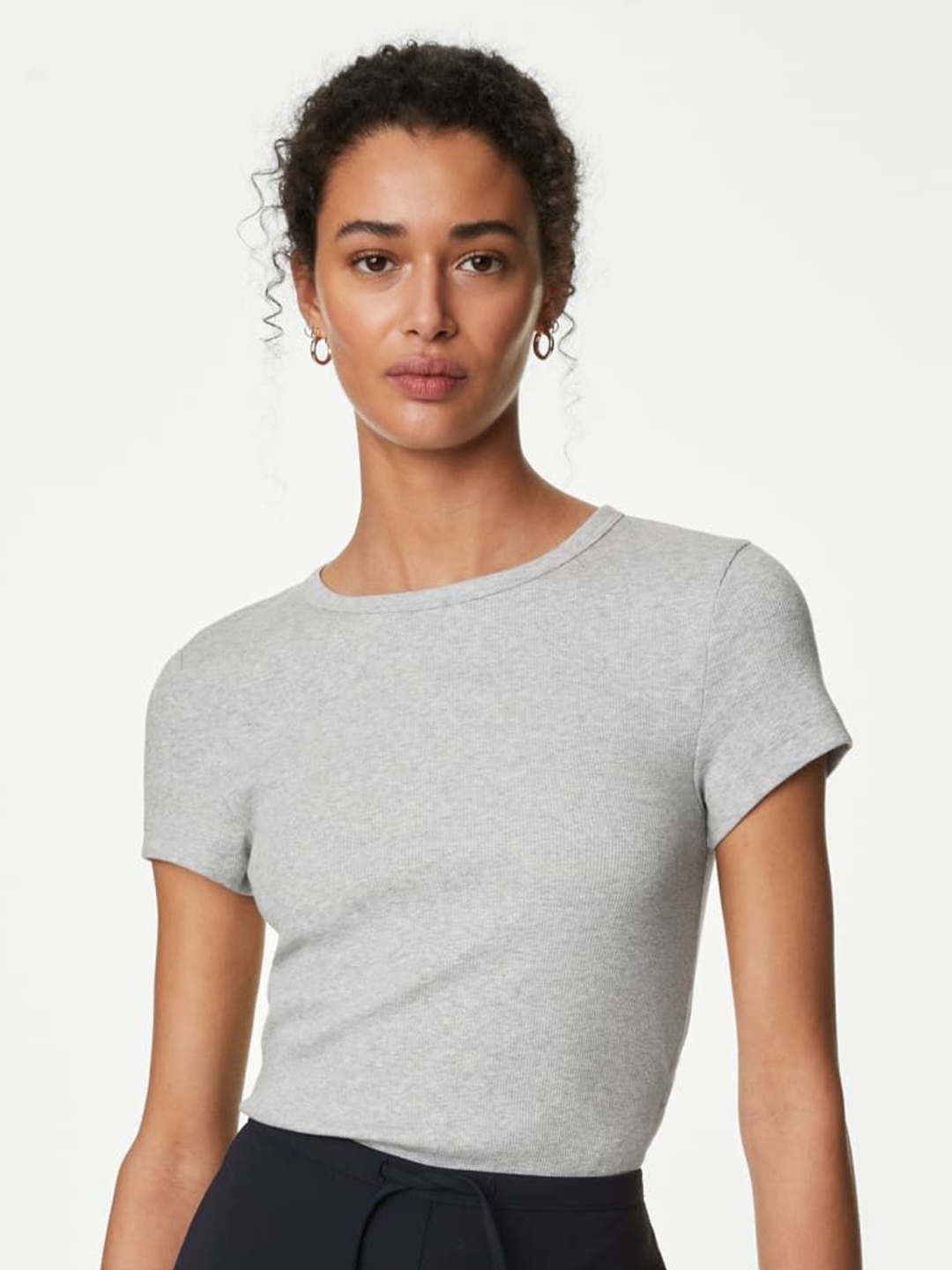 

Marks & Spencer Women Extended Sleeves Pockets Slim Fit T-shirt, Grey