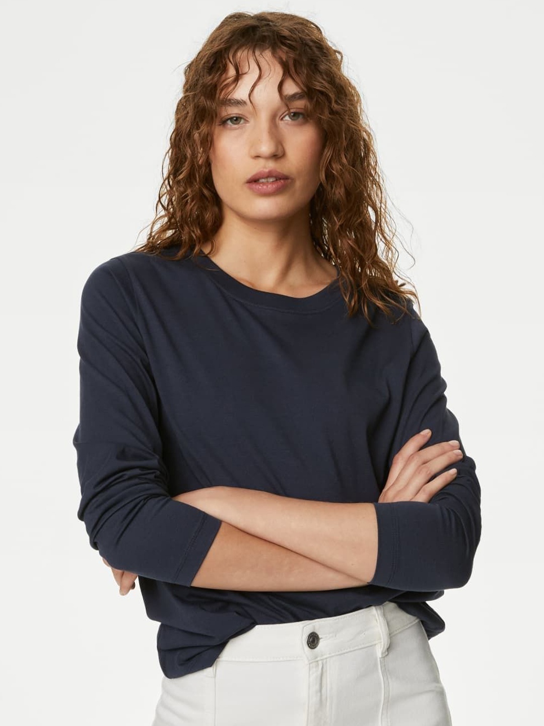 

Marks & Spencer Women Drop-Shoulder Sleeves Raw Edge T-shirt, Navy blue