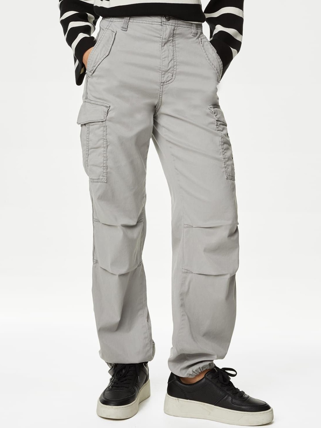 

Marks & Spencer Women Straight Fit High-Rise Cargos Trousers, Grey