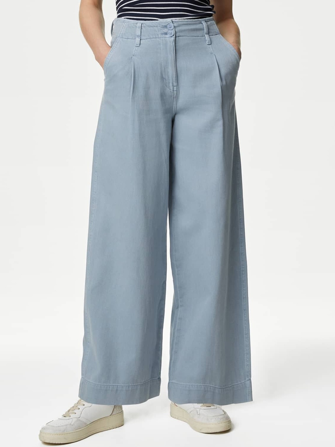 

Marks & Spencer Women Flared High-Rise Pleated Trousers, Blue