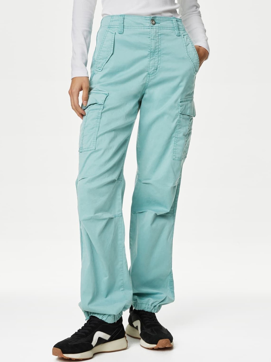 

Marks & Spencer Women Straight Fit High-Rise Cargos Trousers, Blue