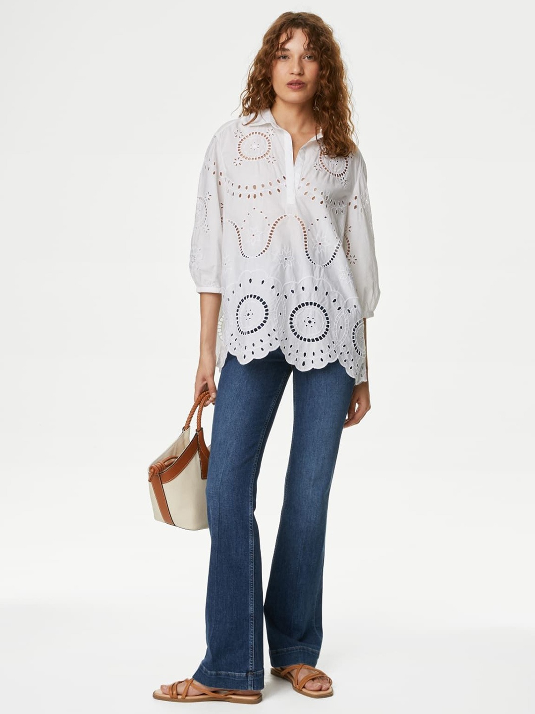 

Marks & Spencer Print Mandarin Collar Cotton Shirt Style Top, White