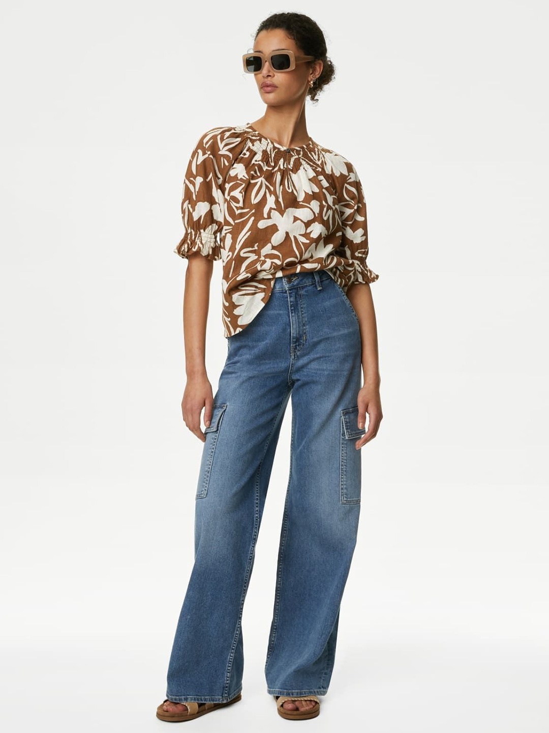 

Marks & Spencer Animal Print Flared Sleeve Cotton Top, Brown
