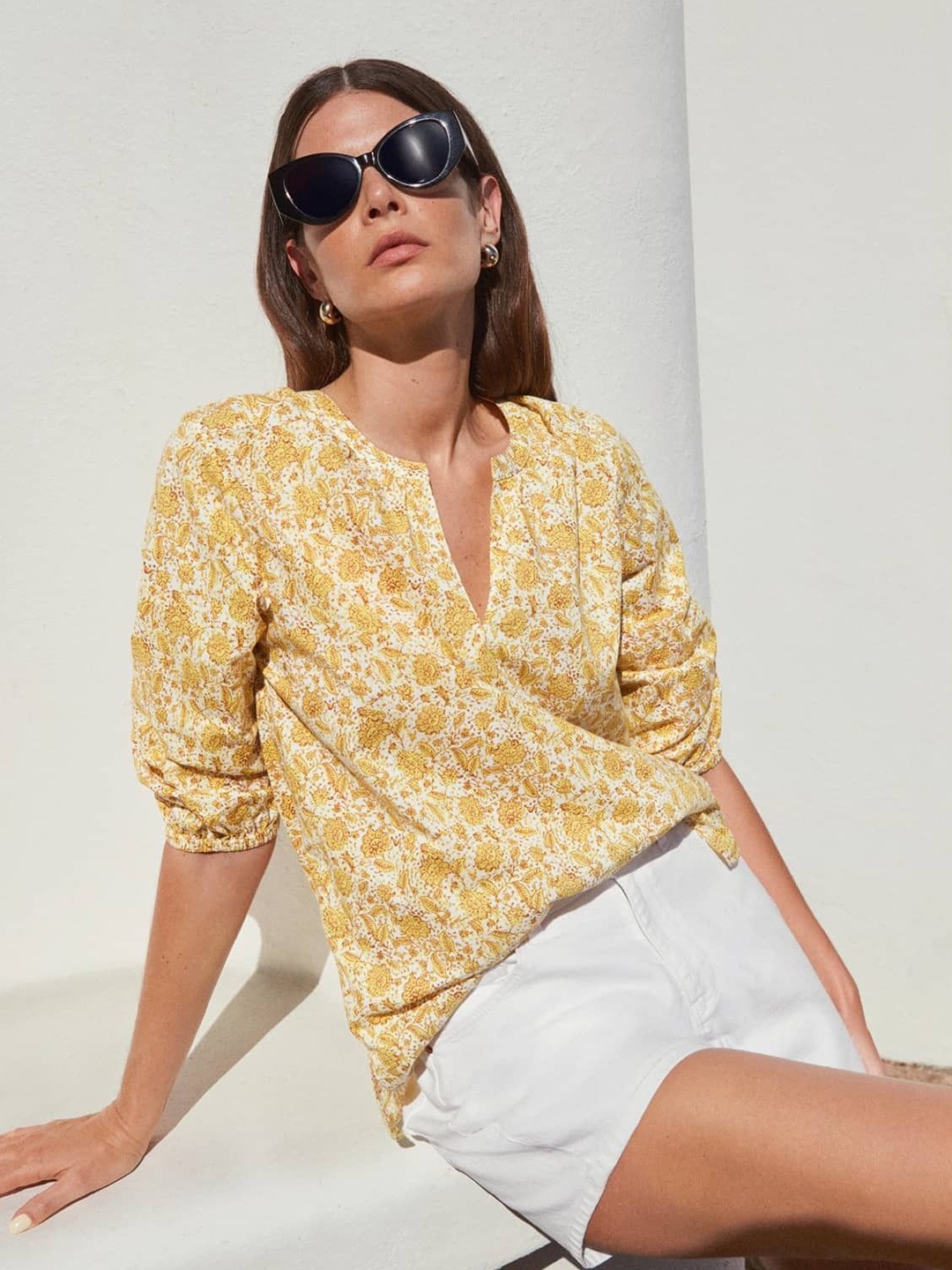 

Marks & Spencer Floral Print Puff Sleeve Cotton Top, Yellow