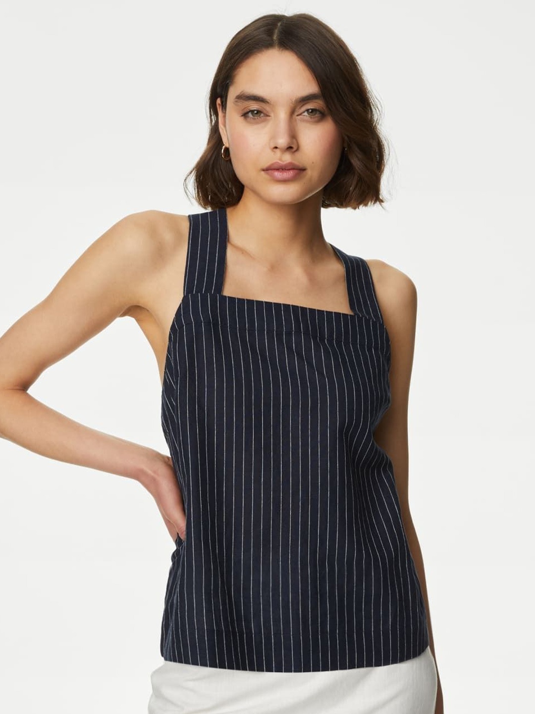 

Marks & Spencer Striped Linen Top, Navy blue