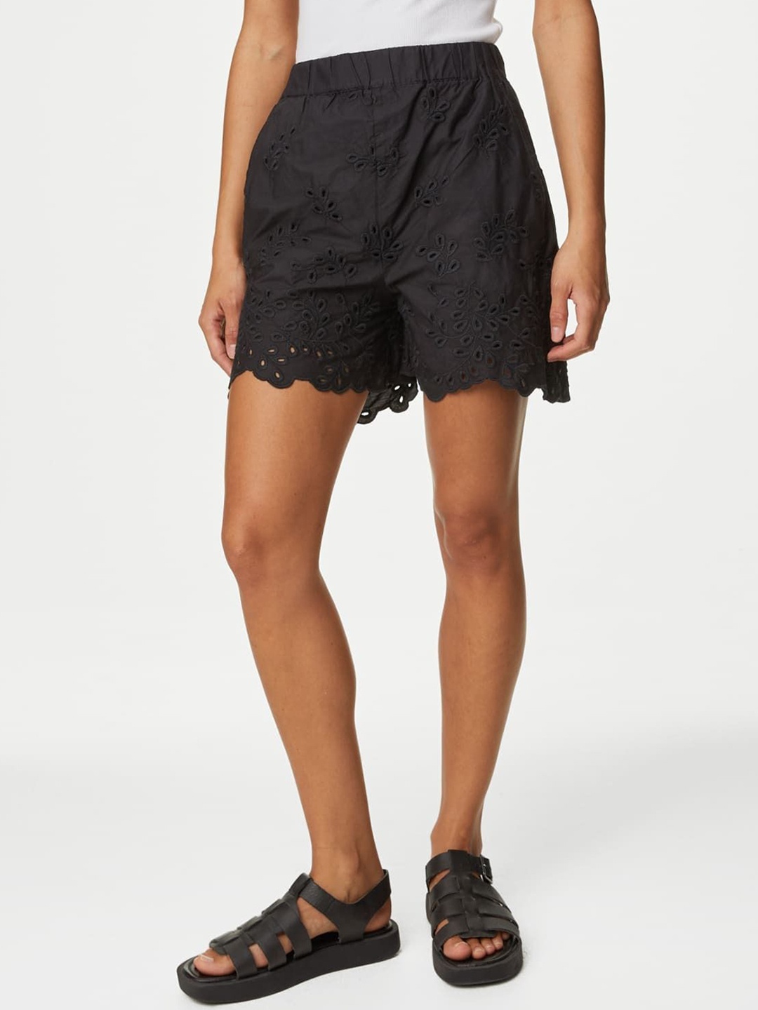 

Marks & Spencer Women Self Design High-Rise Pure Cotton Shorts, Black