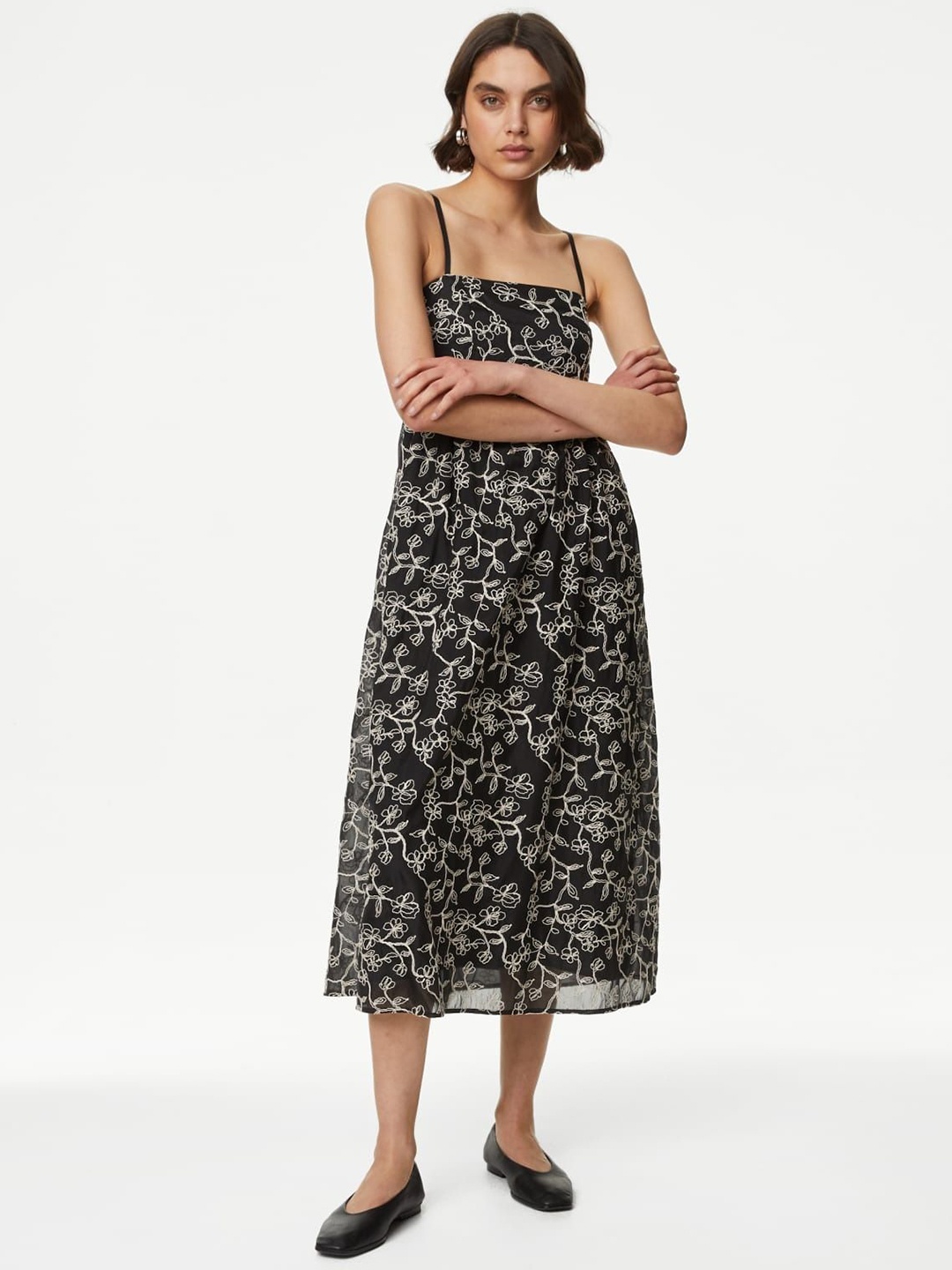 

Marks & Spencer Floral Print Fit & Flare Midi Dress, Black