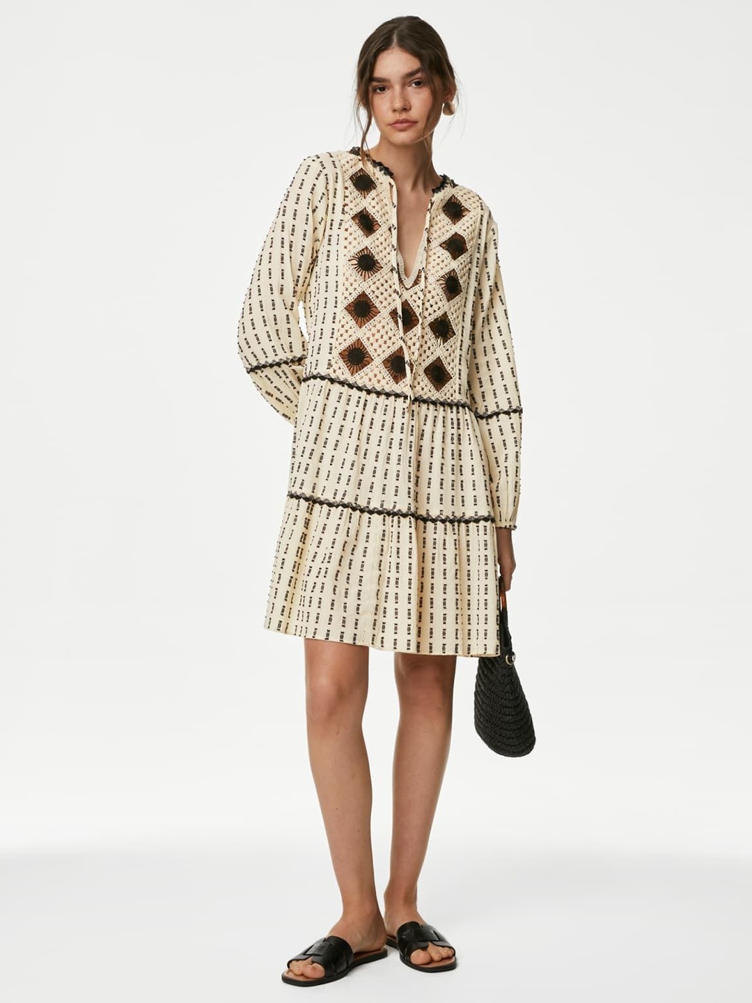 

Marks & Spencer Print Tie-Up Neck A-Line Dress, Beige