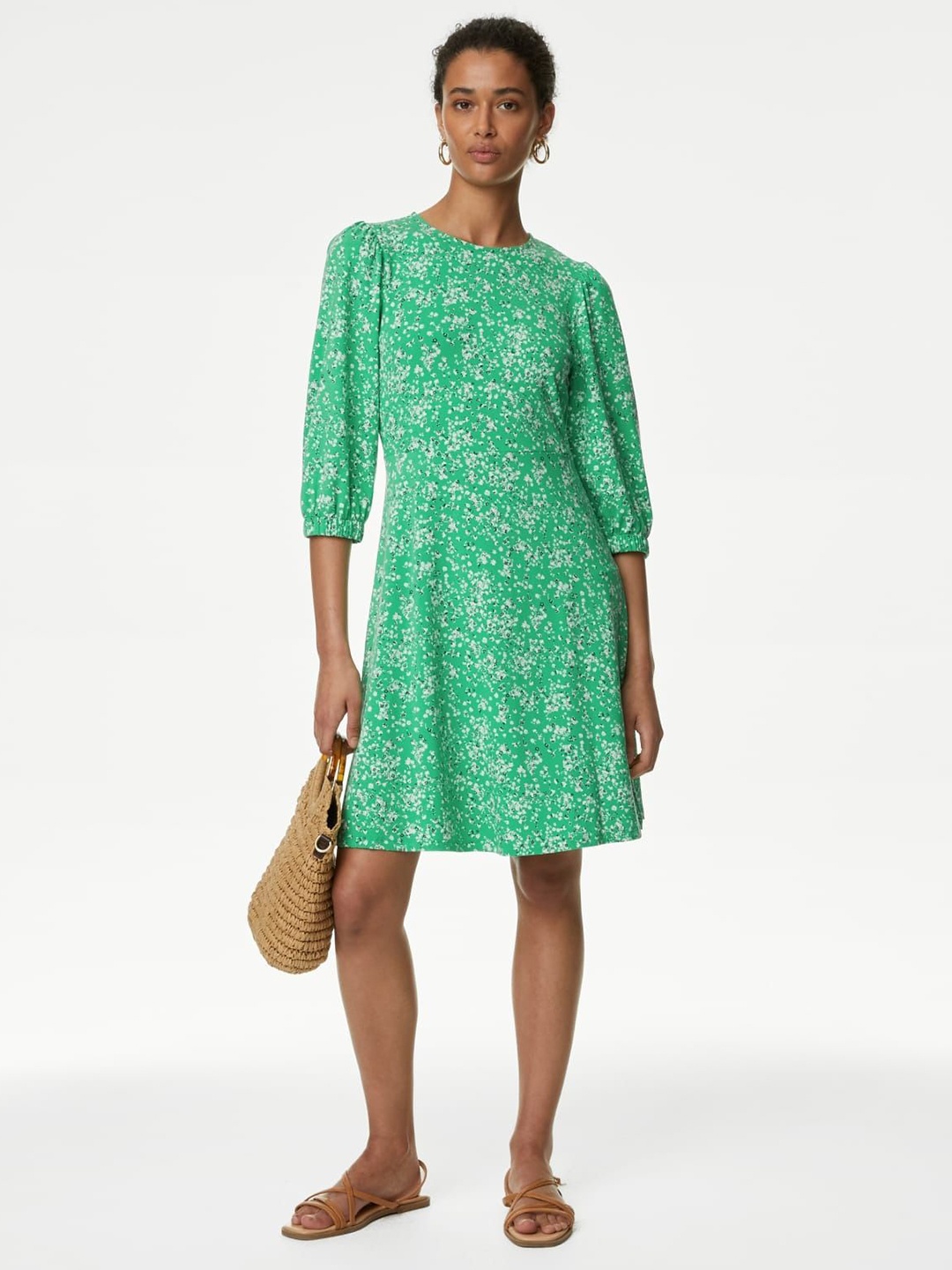 

Marks & Spencer Floral Print Puff Sleeve A-Line Dress, Green