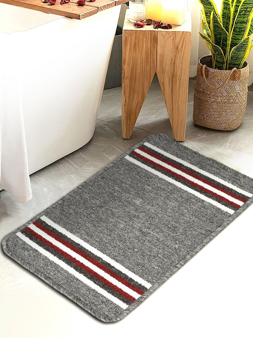

HOSTA HOMES Grey & White Striped Anti-Skid Cotton Fur Bath Rug