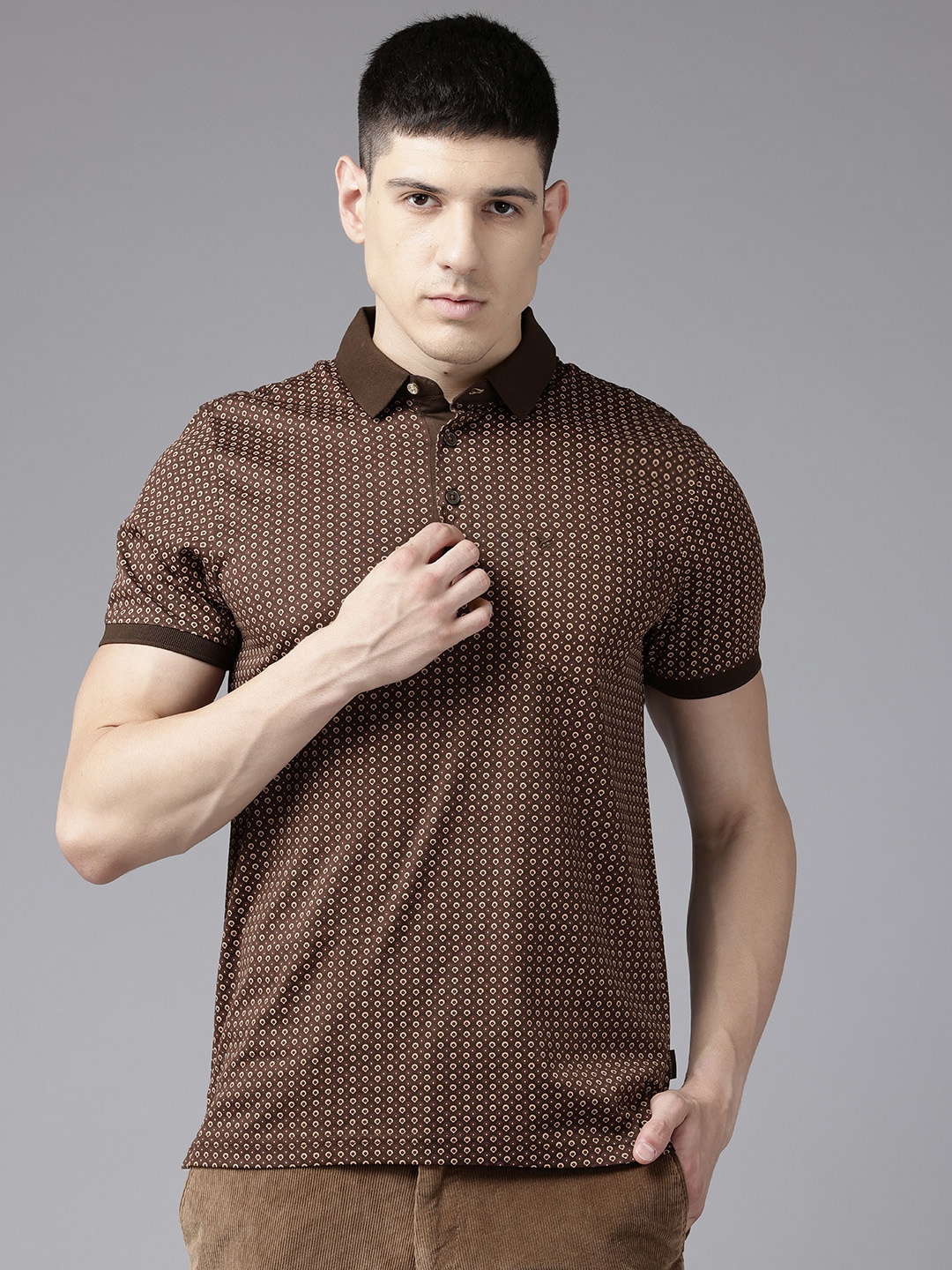 

Blackberrys Printed Polo Collar Pure Cotton Slim Fit T-shirt, Brown