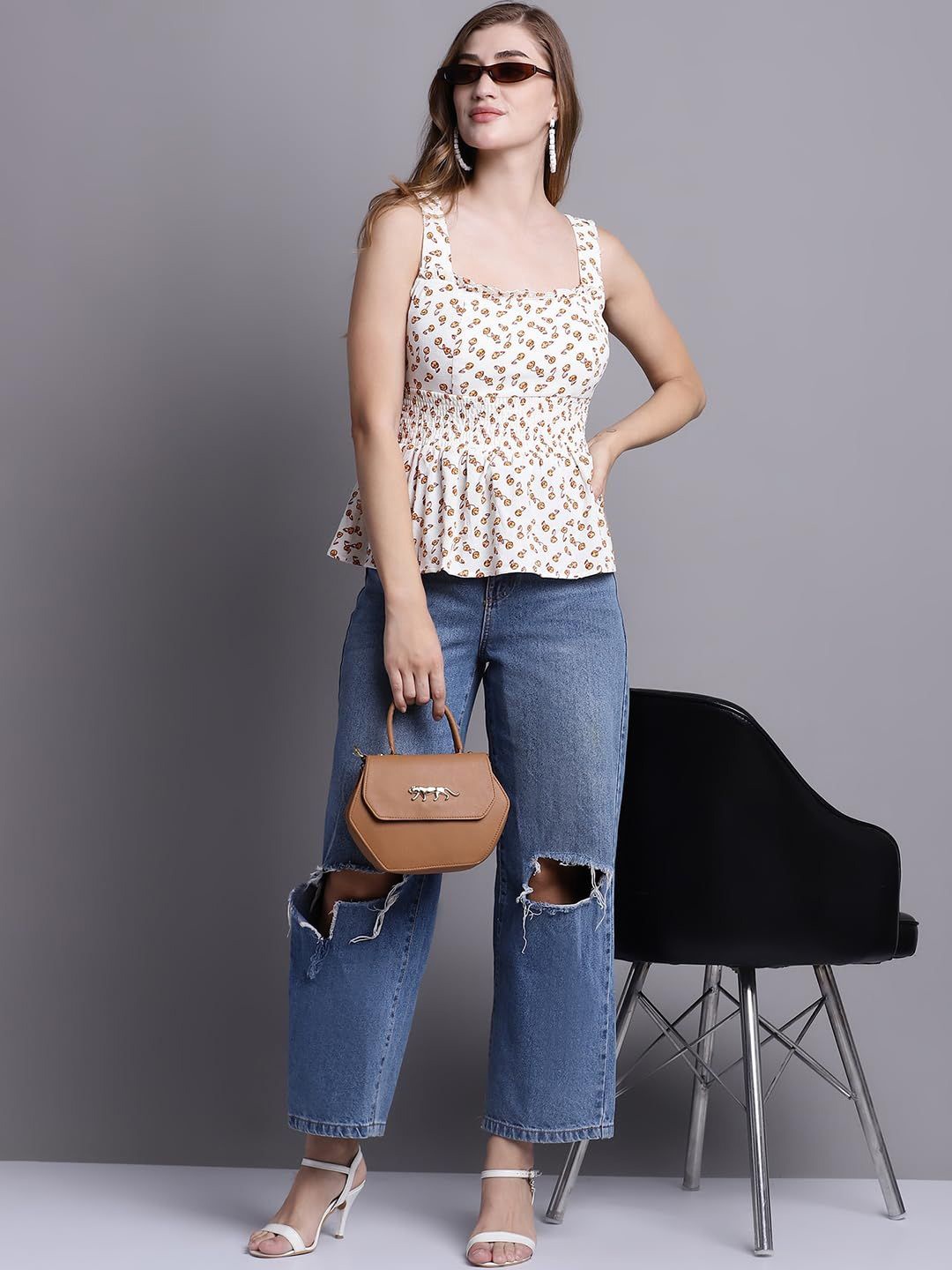 

Dressitude Animal Print Cotton Peplum Top, Off white