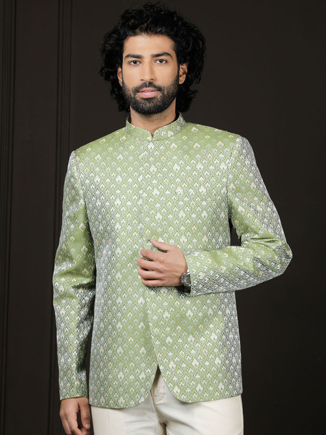 

VASTRAMAY Self Design Mandarin Collar Slim Fit Single Breasted Silk Jodhpuri Blazer, Green