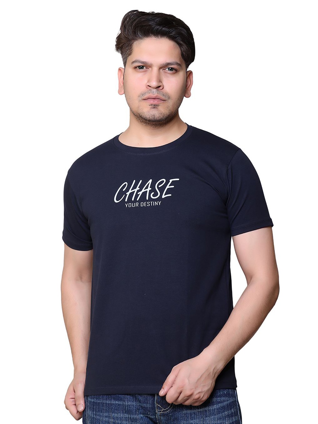 

Gajraj Men Typography Printed Cotton T-shirt, Navy blue