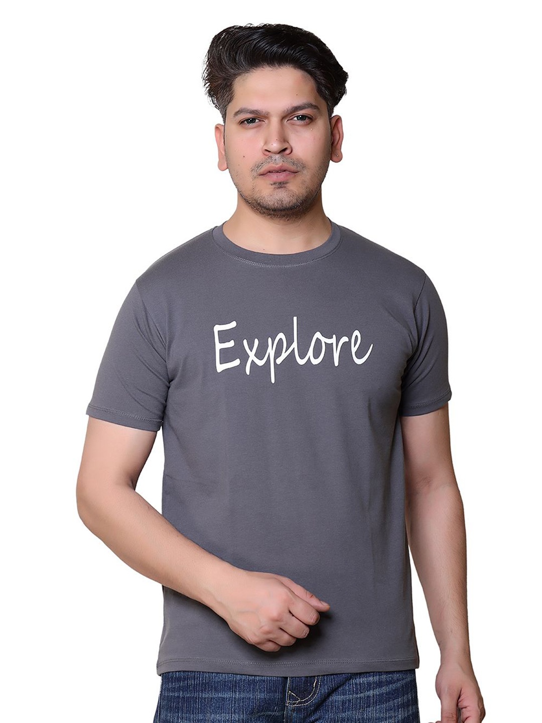 

Gajraj Men Typography Printed Cotton T-shirt, Grey