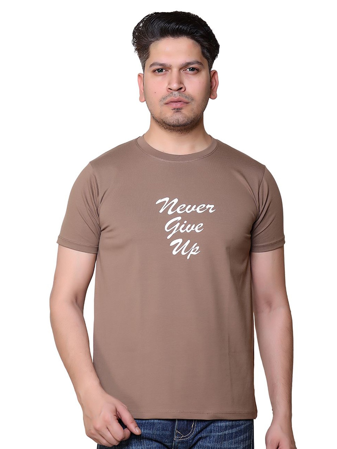 

Gajraj Men Typography Printed Cotton T-shirt, Camel brown