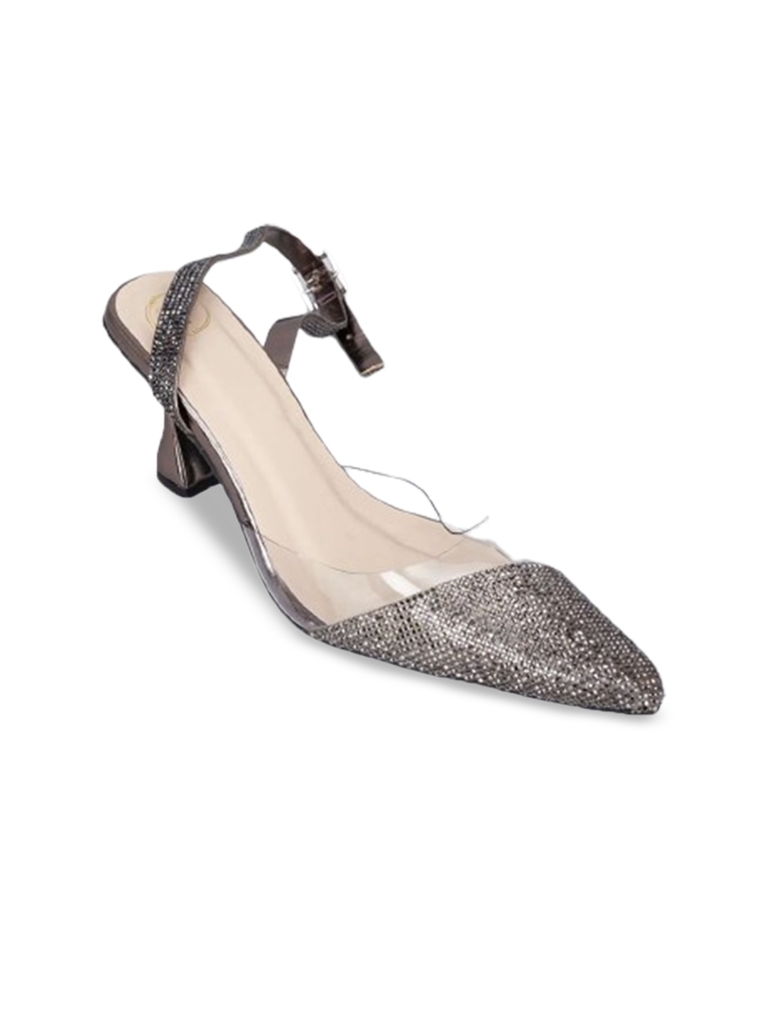 

Sana K Luxurious Footwear Textured Pointed Toe Kitten Heeled Pumps, Grey