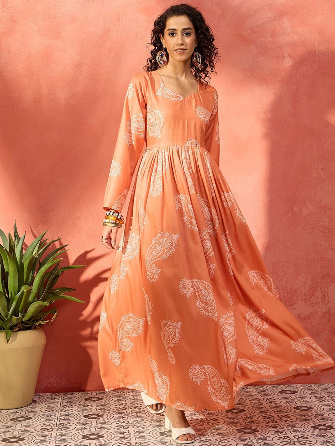 

InWeave Ethnic Motifs Printed Gotta Patti Crepe Anarkali Kurta, Orange