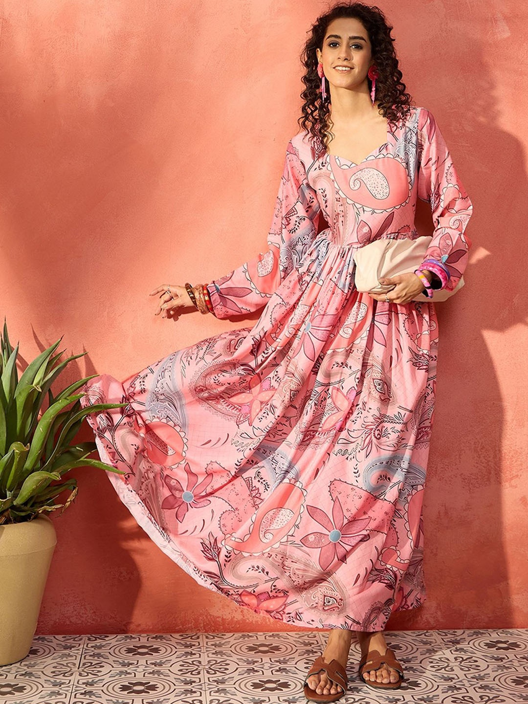

InWeave Floral Printed Round Neck Crepe Anarkali Kurta, Pink