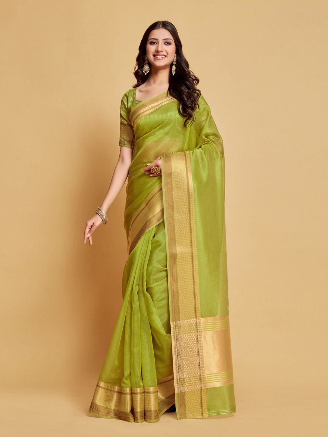 

MAGMINA Zari Organza Banarasi Saree, Green