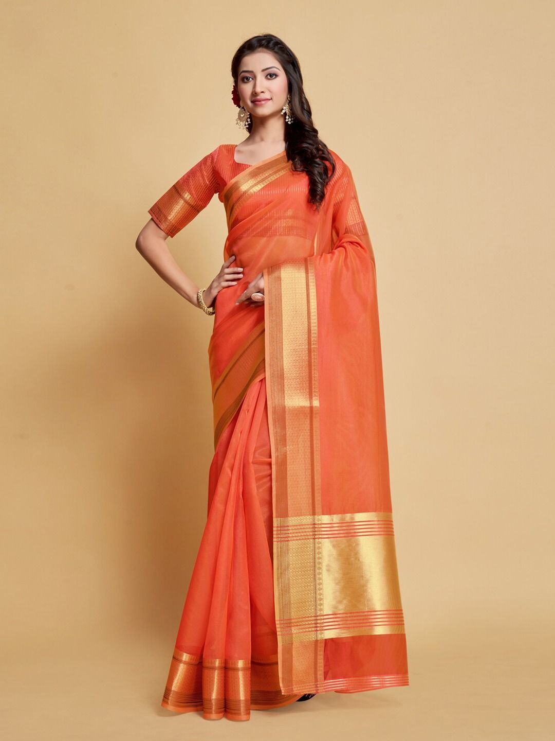

MAGMINA Zari Organza Banarasi Saree, Peach