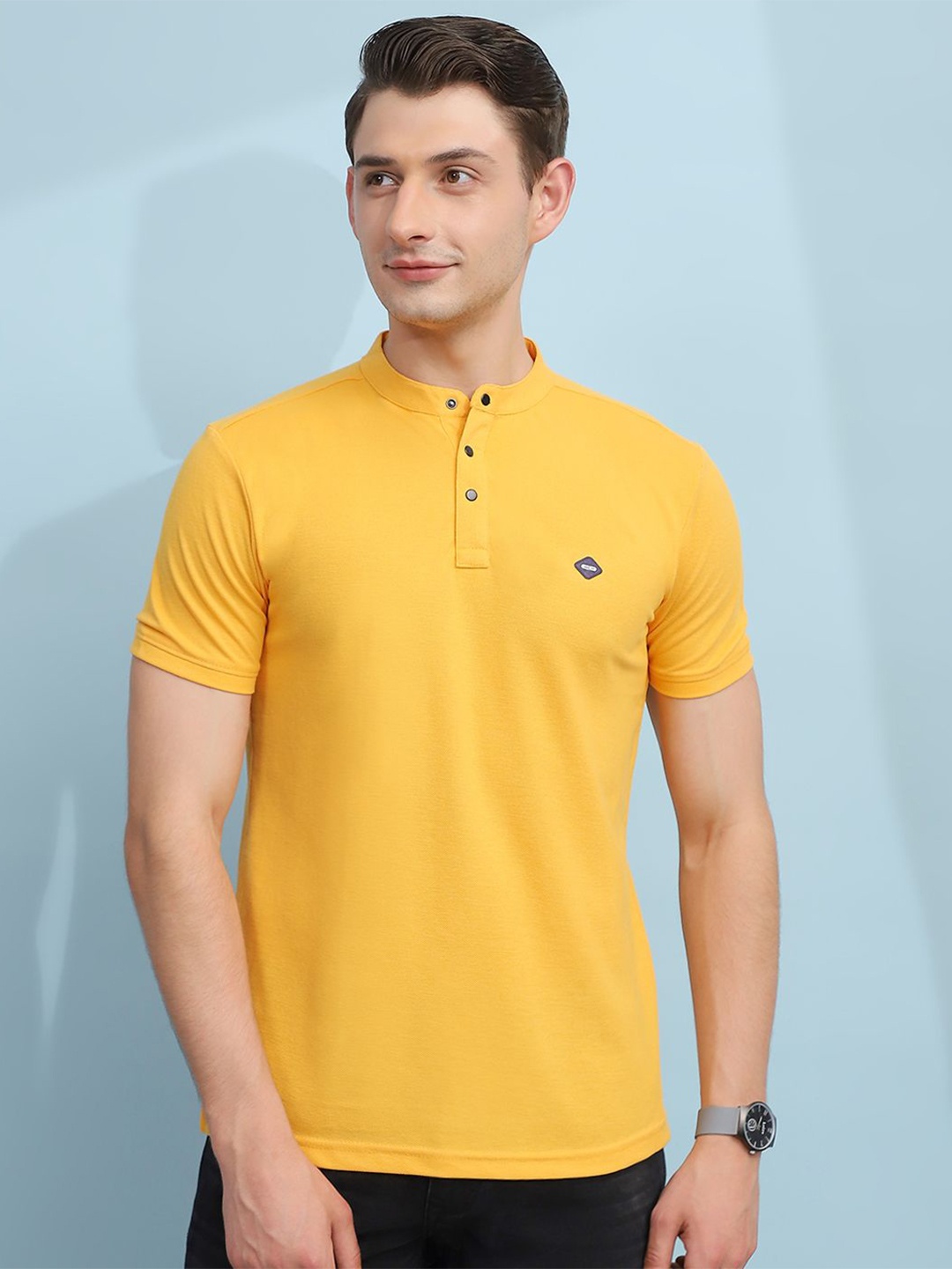 

Cloak & Decker by Monte Carlo Men Henley Neck Solid T-shirt, Yellow