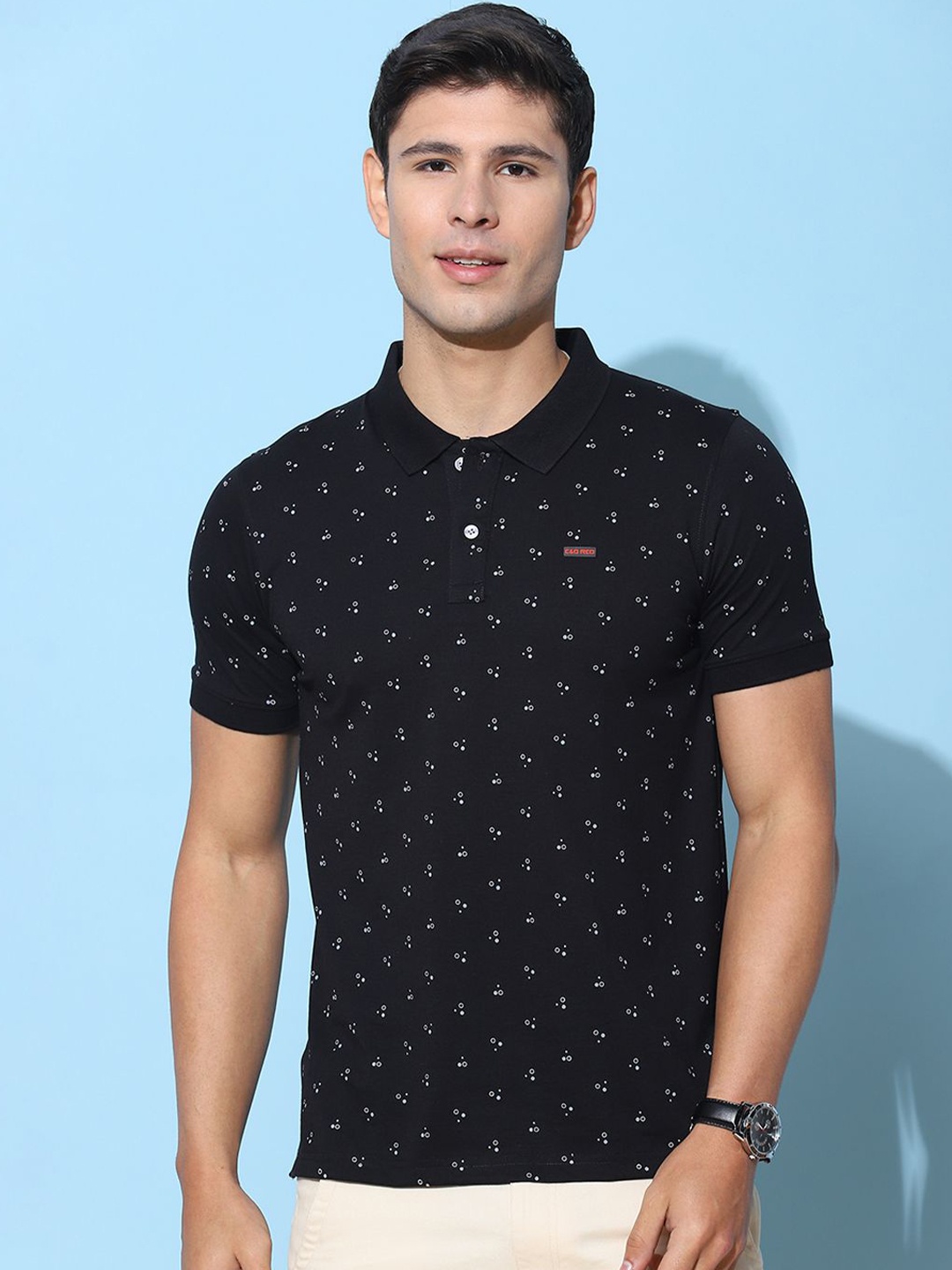 

Cloak & Decker by Monte Carlo Men Conversational Printed Polo Collar T-shirt, Black
