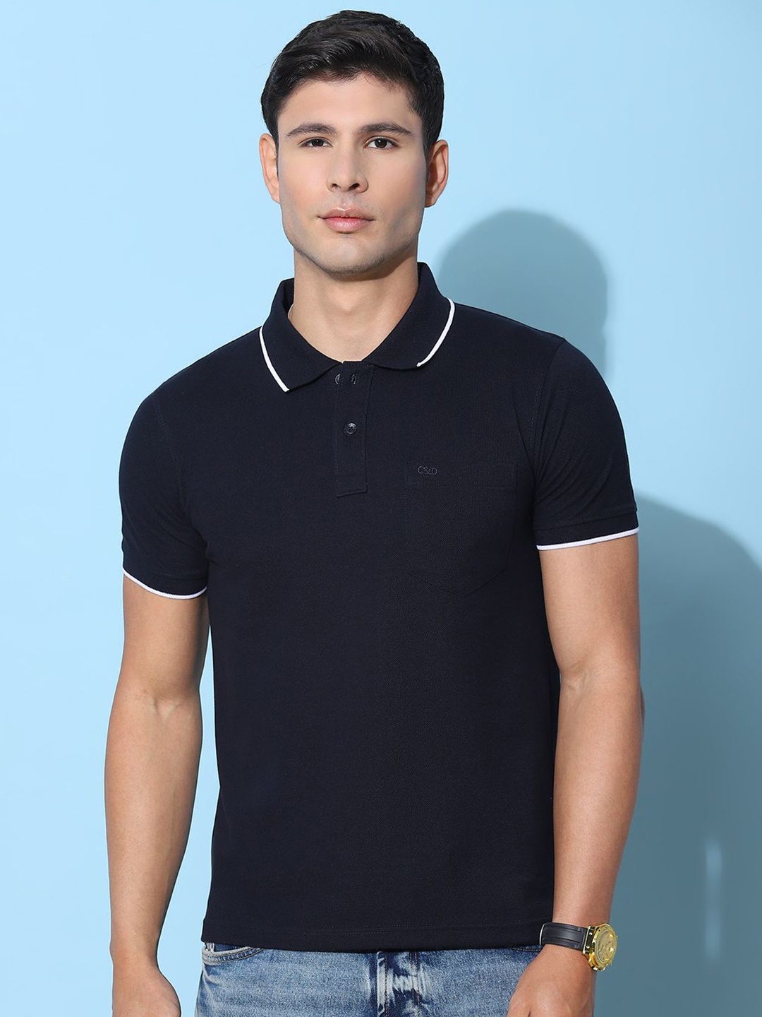 

Cloak & Decker by Monte Carlo Men Solid Polo Collar Pockets T-shirt, Blue
