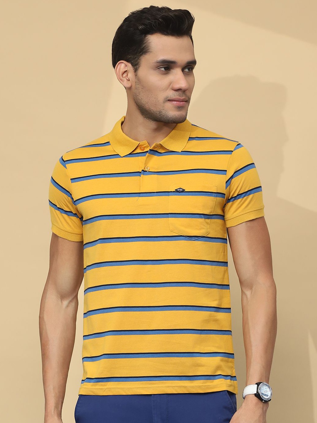

Cloak & Decker by Monte Carlo Men Striped Polo Collar Pockets T-shirt, Mustard
