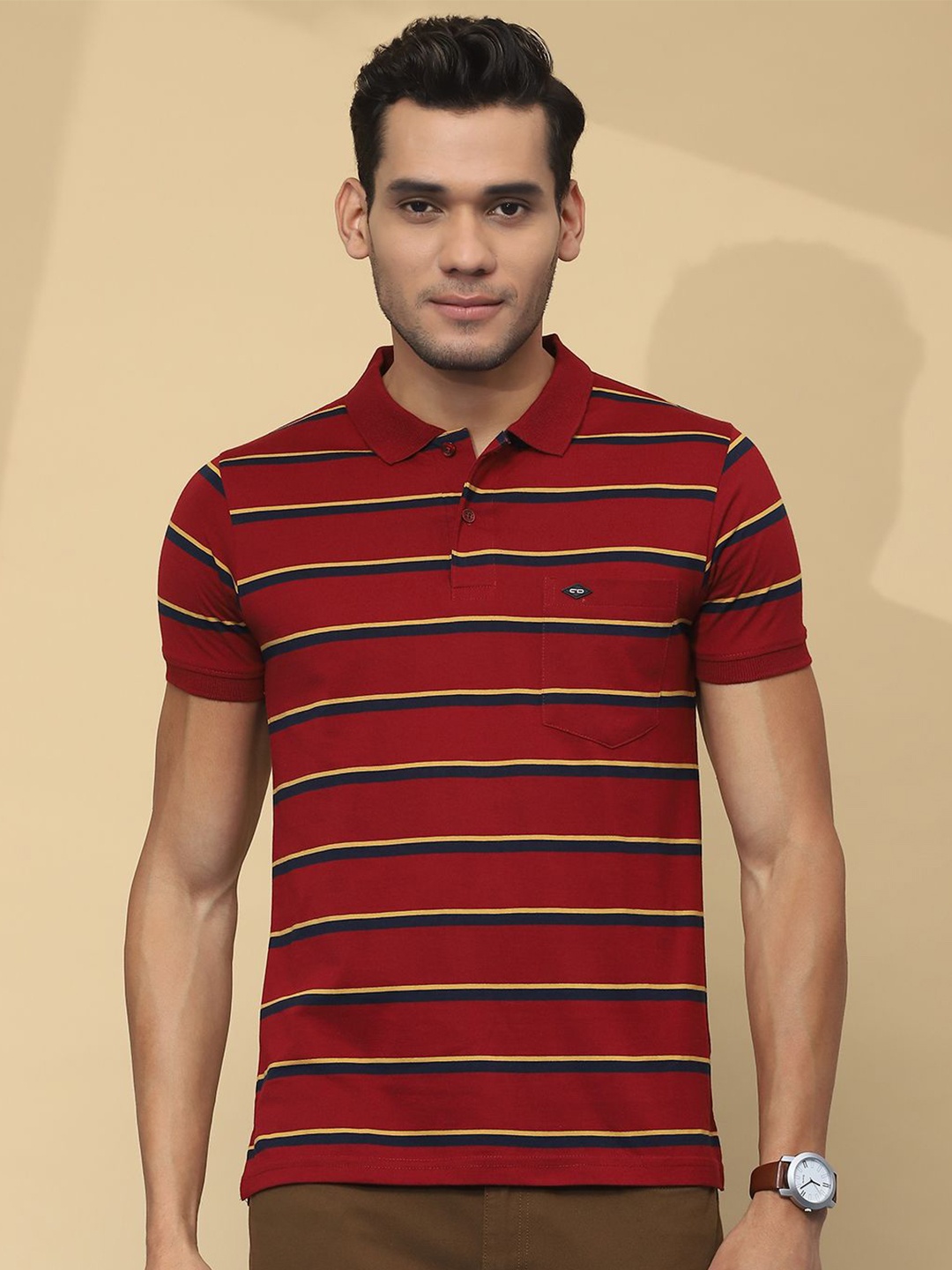 

Cloak & Decker by Monte Carlo Men Striped Polo Collar T-shirt, Maroon