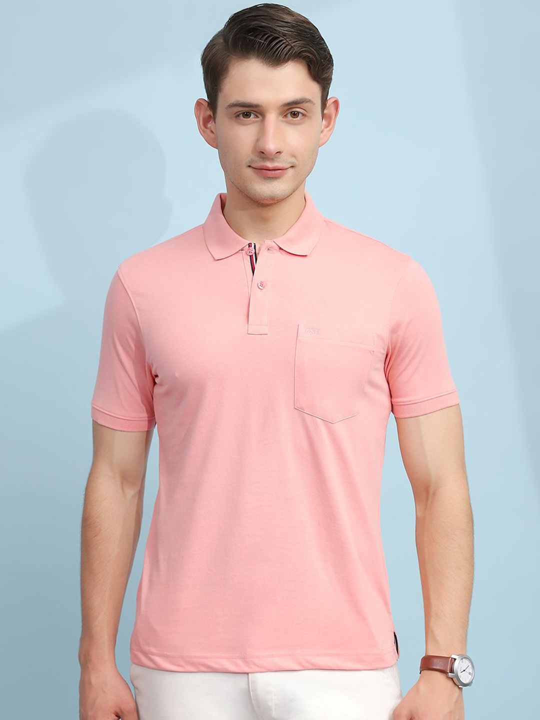 

Cloak & Decker by Monte Carlo Men Solid Polo Collar Pocket T-shirt, Peach