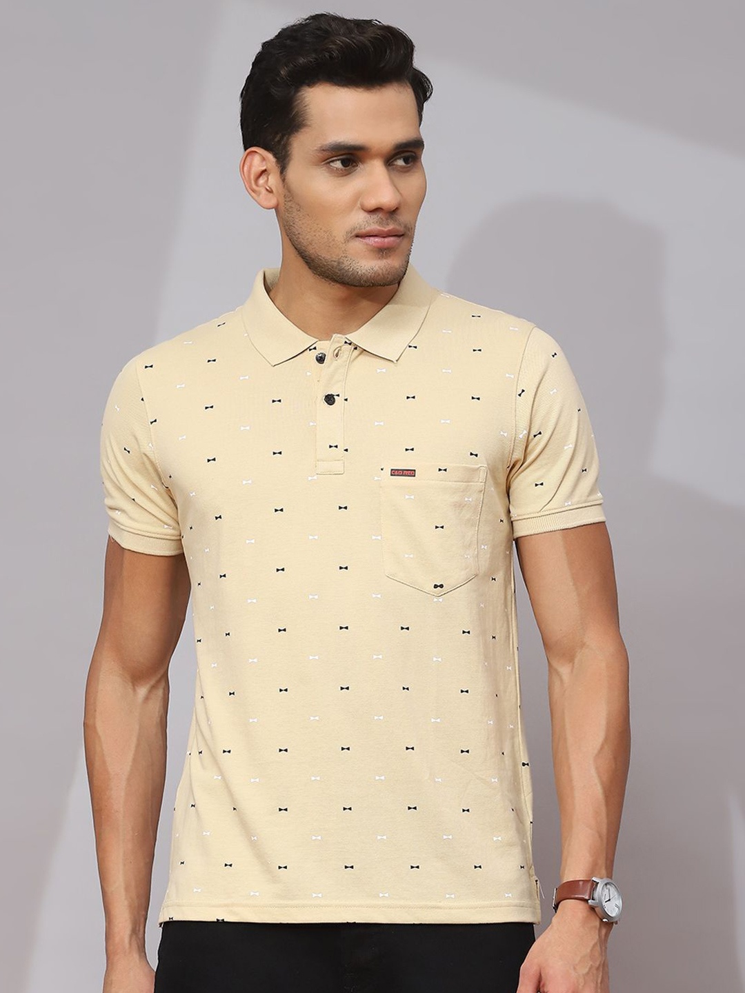 

Cloak & Decker by Monte Carlo Men Micro Ditsy Printed Polo Collar Pocket T-shirt, Beige
