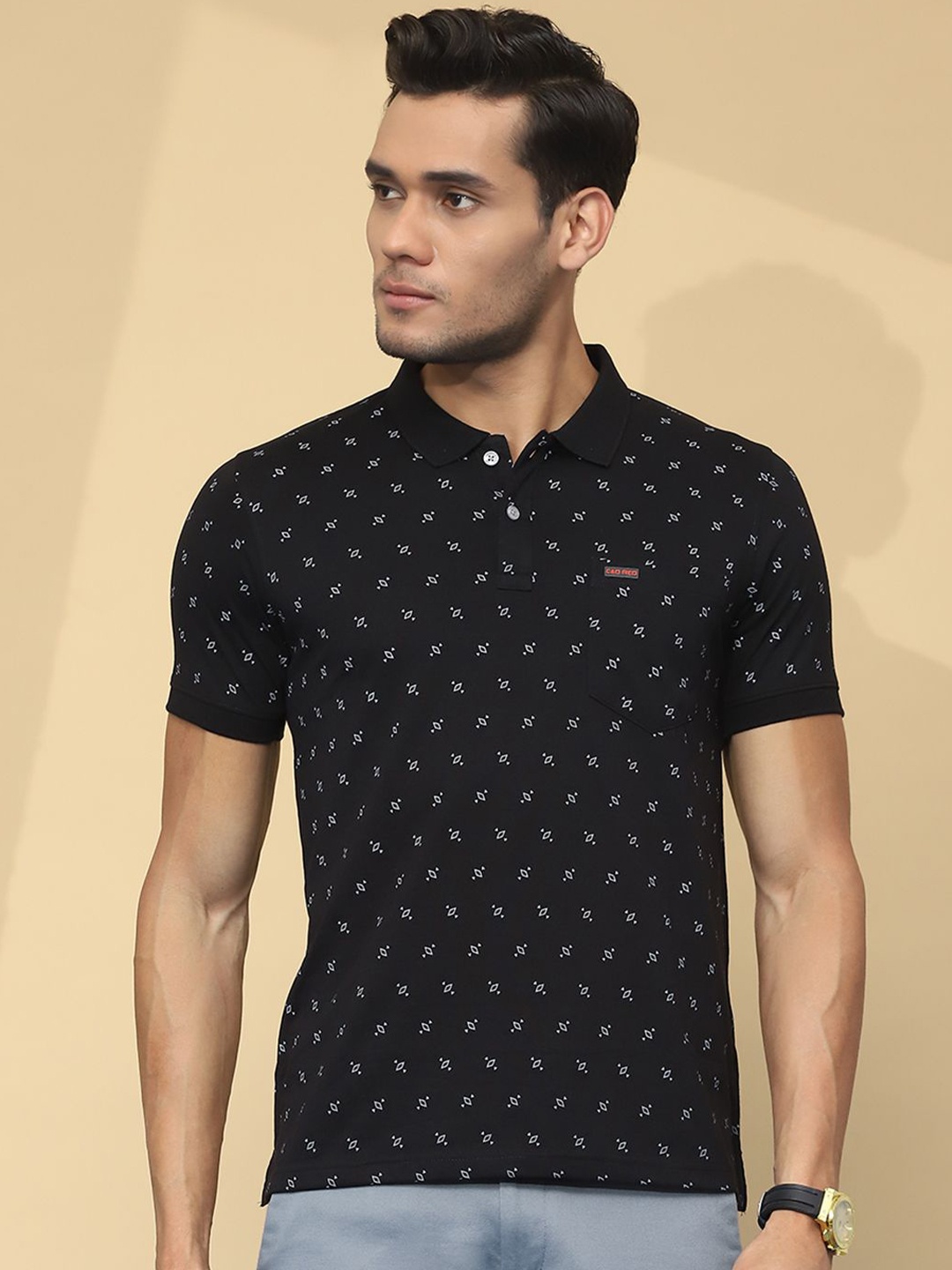 

Cloak & Decker by Monte Carlo Men Conversational Printed Polo Collar T-shirt, Black