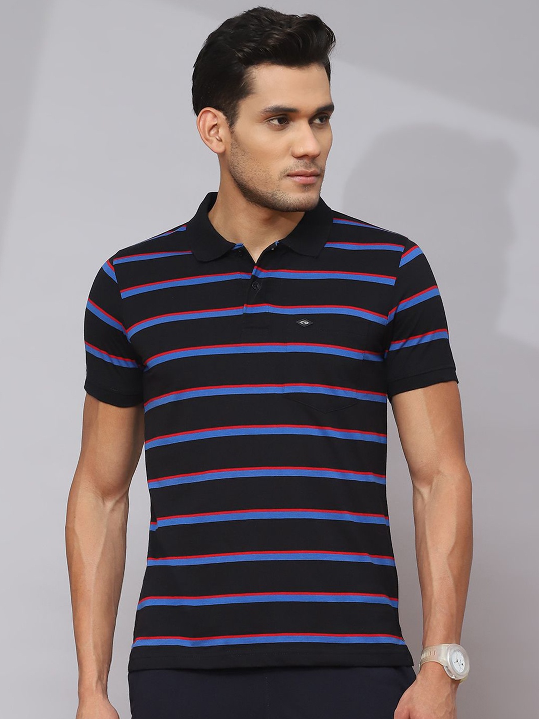 

Cloak & Decker by Monte Carlo Men Striped Polo Collar Pockets T-shirt, Black