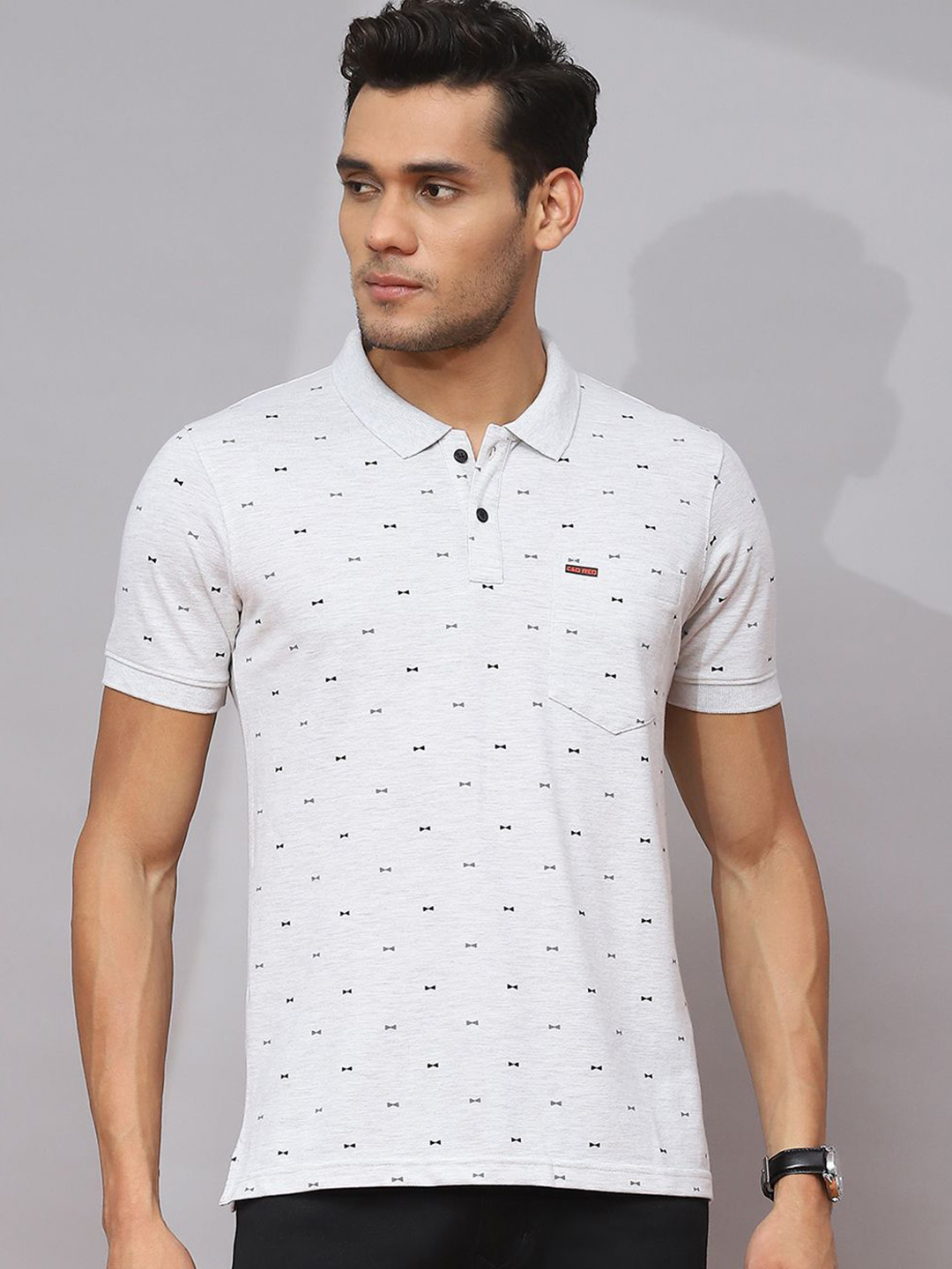 

Cloak & Decker by Monte Carlo Men Conversational Printed Polo Collar Pocket T-shirt, Grey