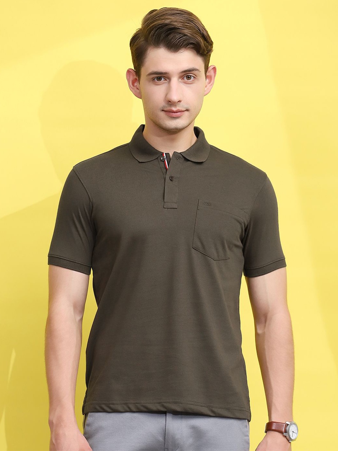 

Cloak & Decker by Monte Carlo Men Solid Polo Collar Pocket T-shirt, Olive