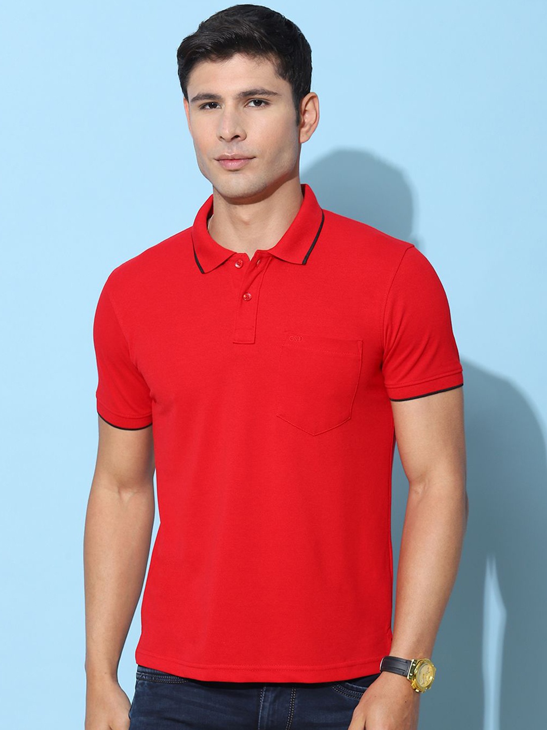 

Cloak & Decker by Monte Carlo Men Solid Polo Collar Cherry Red Pocket T-shirt