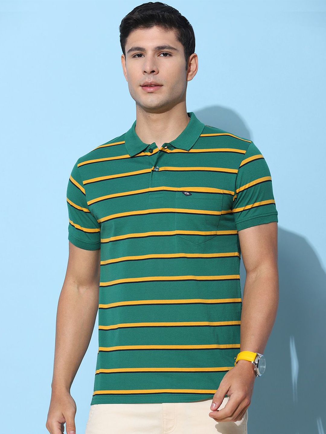 

Cloak & Decker by Monte Carlo Men Striped Polo Collar Pocket T-shirt, Green