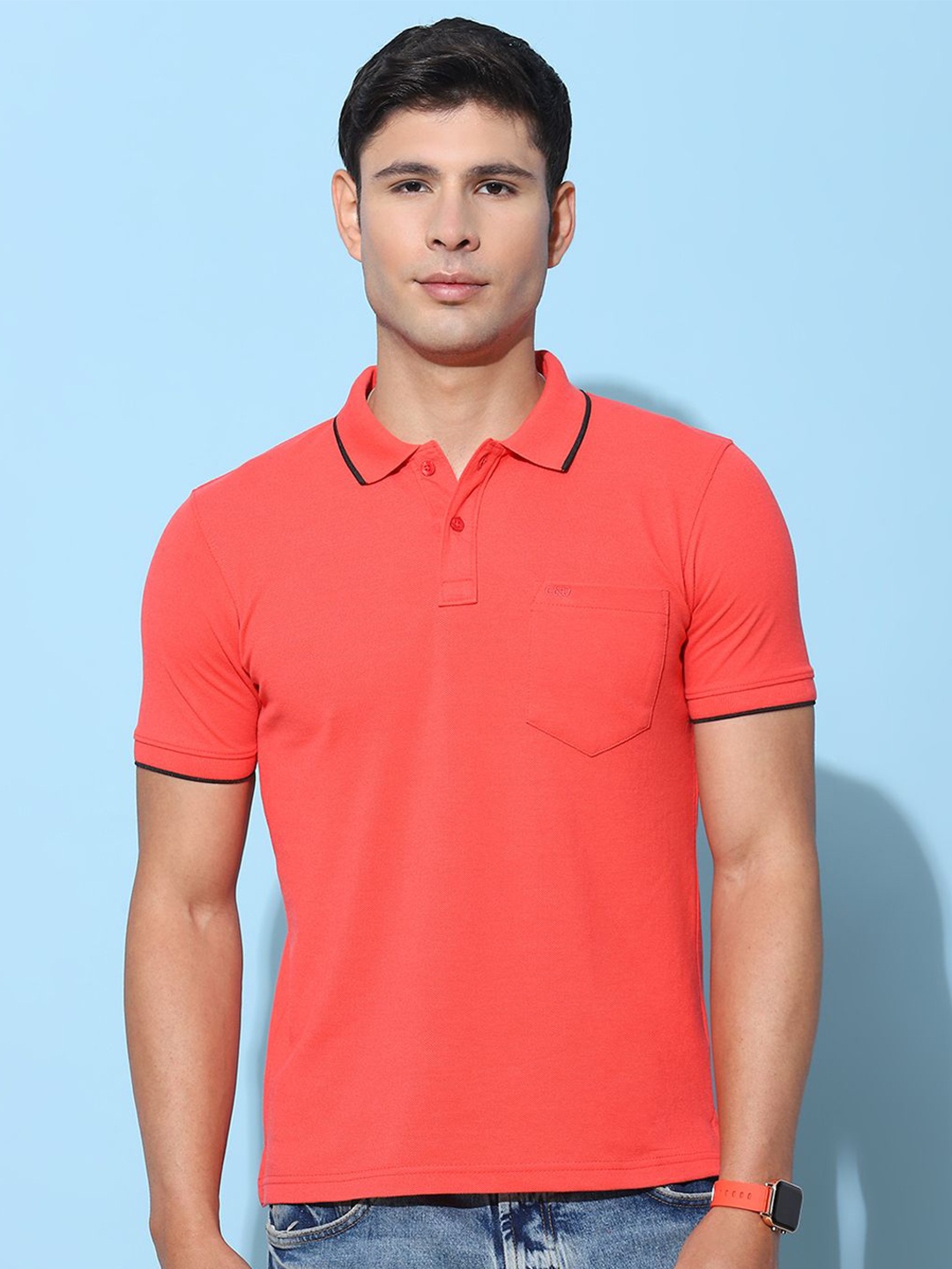 

Cloak & Decker by Monte Carlo Men Solid Polo Collar Pocket T-shirt, Coral