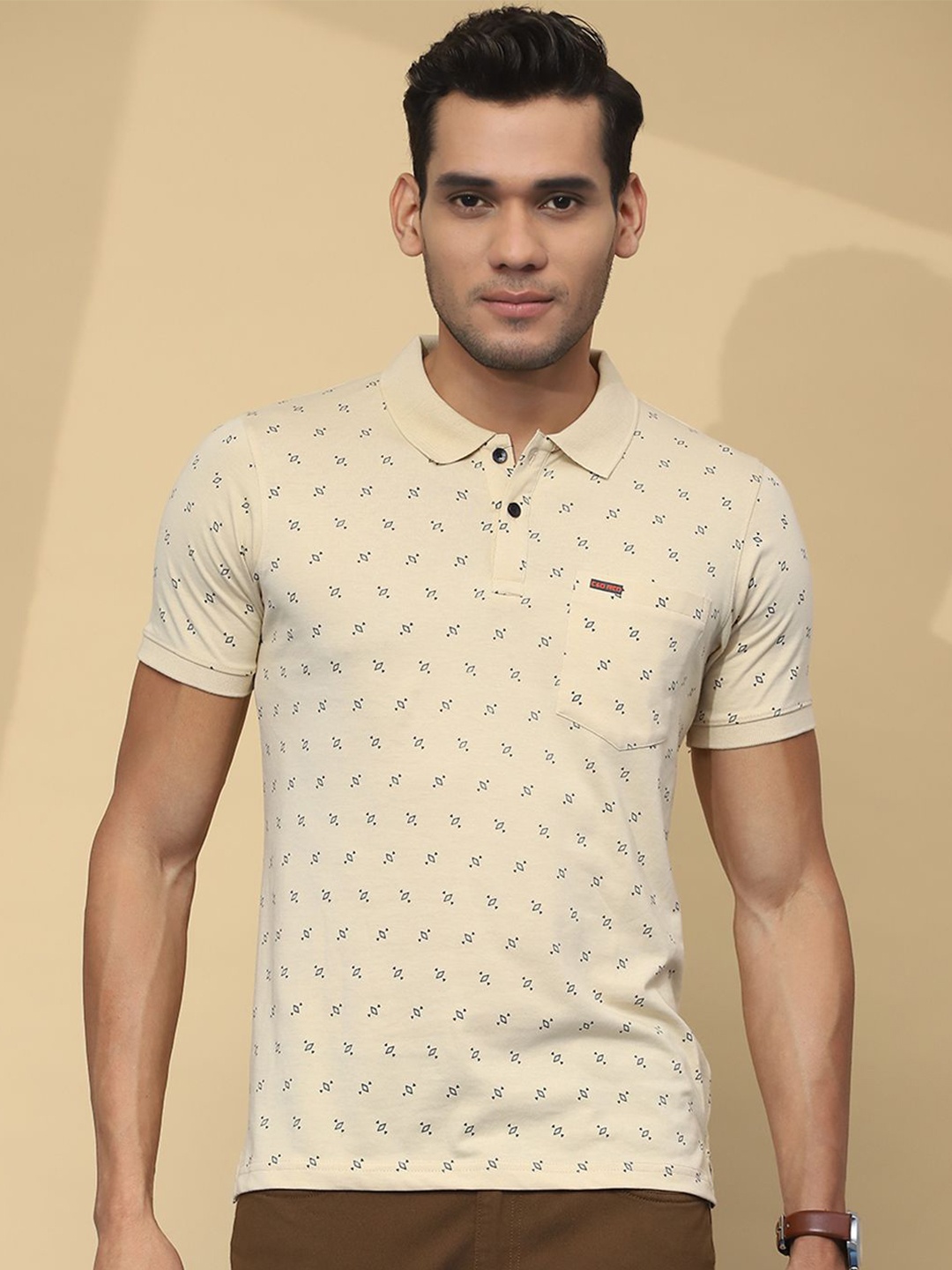 

Cloak & Decker by Monte Carlo Men Printed Polo Collar Pockets T-shirt, Beige