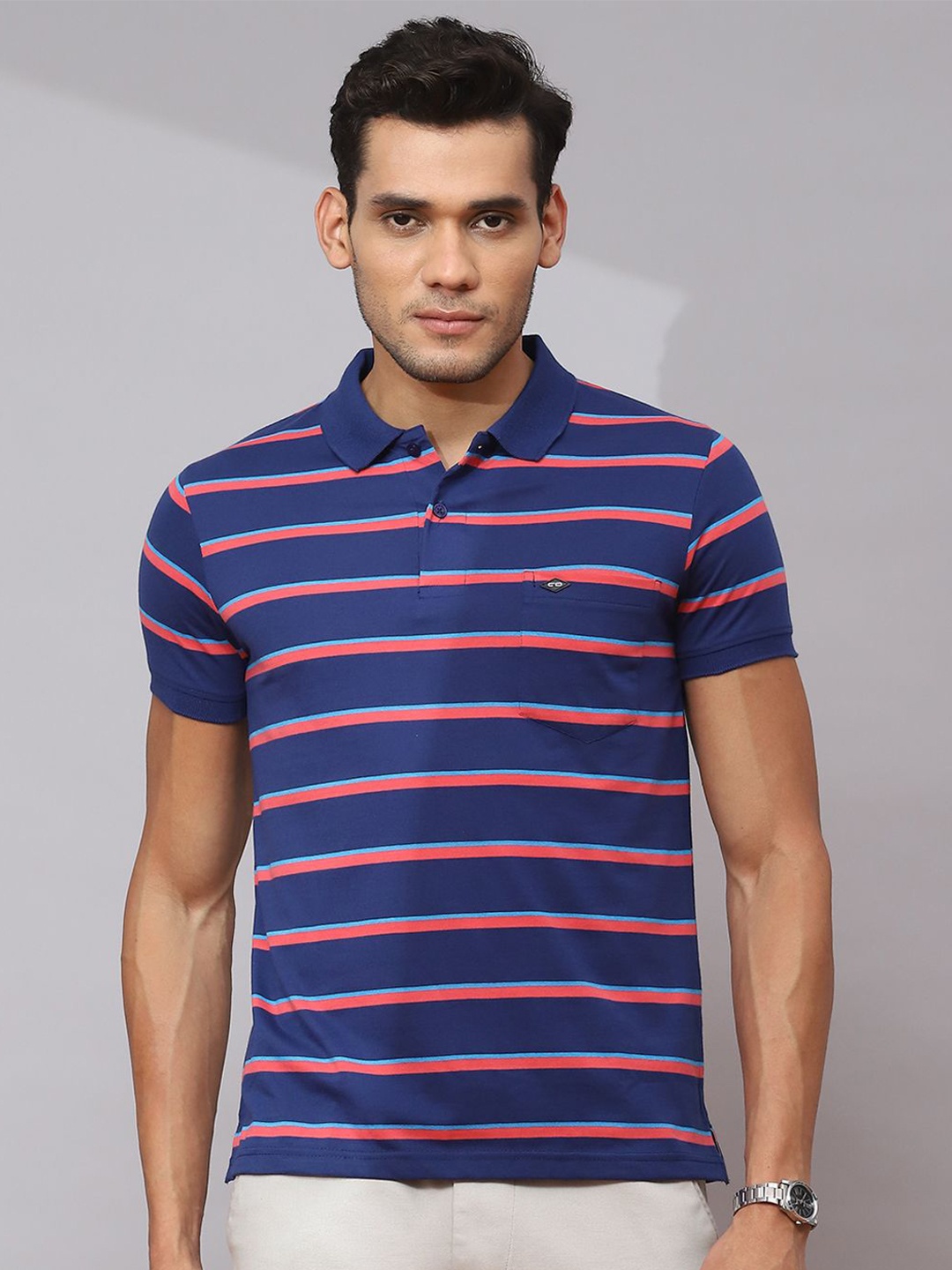 

Cloak & Decker by Monte Carlo Men Striped Polo Collar Pockets T-shirt, Blue
